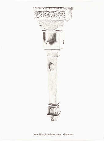 A pencil drawn image of an inverted monument.  Text under the image "New Ulm State Monument,...