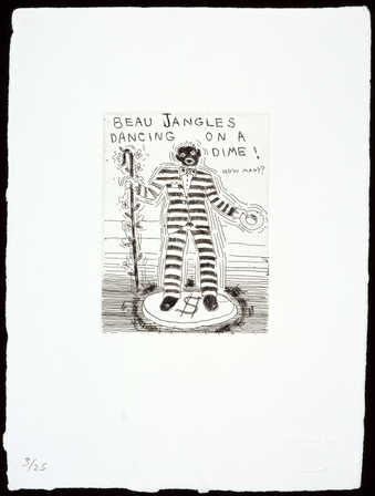 An image of a black man dressed in a striped prison jump-suit holding a shepherds crook, standing...