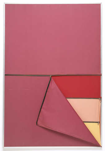 A painting comprised of multiple layers of different colored fabrics each with a horizontal zipper.