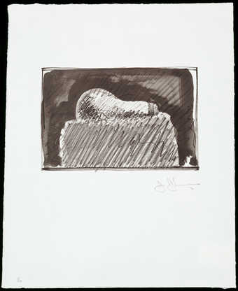 An image of a lightbulb on a pedestal printed in black.  A lithograph from three aluminum plates.