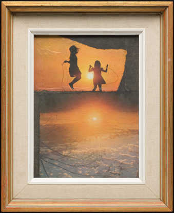 girls skipping rope, sunset