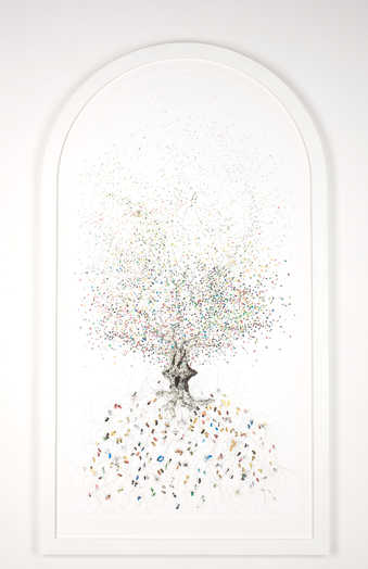 A computer generated image of a tree and root system.  Sheets of paper are attached to the...