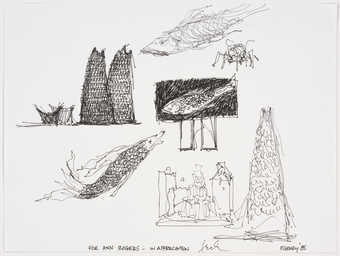 An ink drawing of fish various architectural configurations.  Given to donor by artist, in...