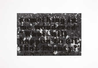 A quote from James Baldwin in coal dust over a screenprinted image of the Million Man March