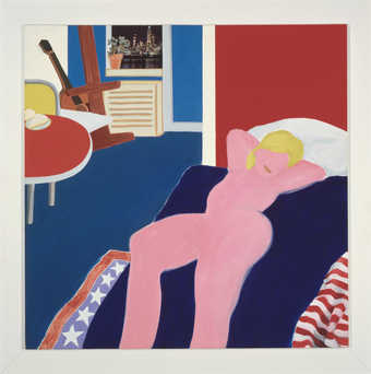 minimal representation of a reclining nude on a bed . In background on room a table, easel,...