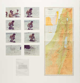 Photographs documenting the making of a conceptual artwork, a map indicating the site, and a...