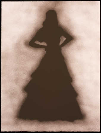 A silhouette image of a woman wearing a long dress.