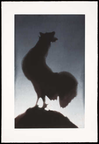 A silhouette image of a rooster.