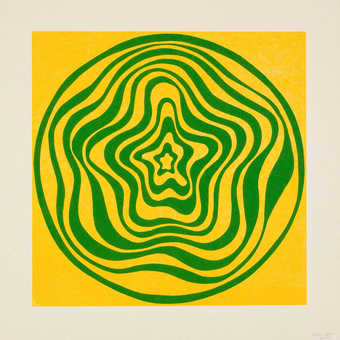 A repeated image in yellow, orange, red, and purple.  Oil-based woodcuts.