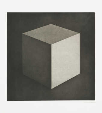A gray-scale image of a cube printed from two plates.