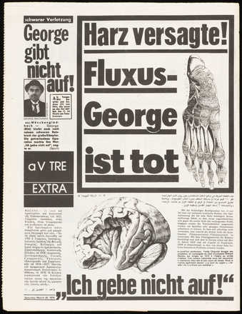 Fluxus newpaper.  Published March 24, 1979, after Maciunas' death. Black print on white...