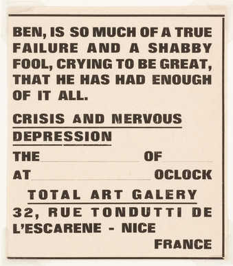 Black letterpress on white paper. Announcement in English for an event at Total Art Gallery,...