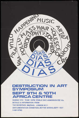 A poster with black and blue print on white paper.  Advertising an event at the Africa Centre,...