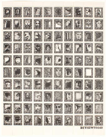 Blue print on white gummed, perforated paper.  Sheet of 100 postage stamps.