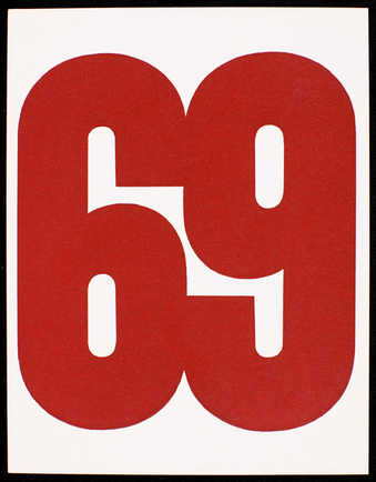 Red print on white card stock; text is in Spanish. Front has large red "69."
