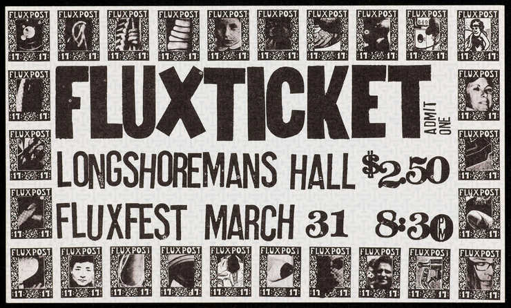 Black print on green watermark patterned paper; a ticket to Fluxfest, a festival organized by...