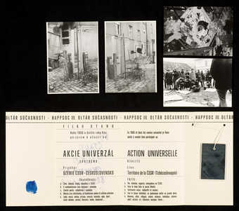 Printed folder announcing an event in Prague, 1966.  Contains 4 photos of actions two are rubber...