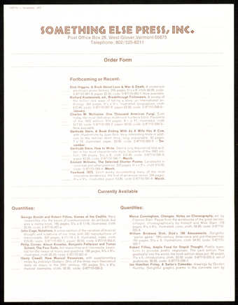 Brown printing on white paper; a 4 page order form for current and forthcoming titles.