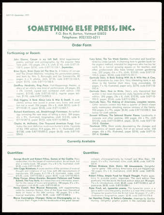 Green printing on white paper; a 6 page order form for current, forthcoming and past titles.