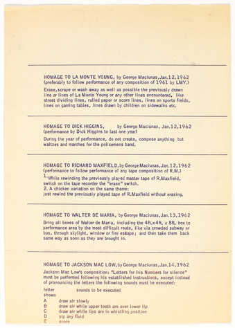 A sheet of texts to event scores by Maciunas. Incomplete: missing second page with end of Homage...