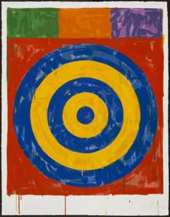 An image of a target printed in blue and yellow on a red square.  Above the square are three...