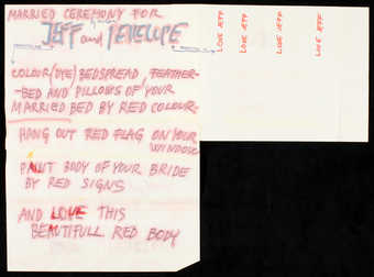 Red, blue and yellow paint; blue ink and orange marker on white paper; folded. (.1, .2) 2 mailing...