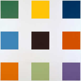 A 3 x 3 grid composed of colored squares; green, yellow, dark blue, blue,, black, red, orange,...