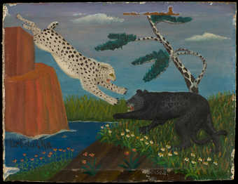 Two leopards fighting.  In the background there is a tree that resembles a giraffe