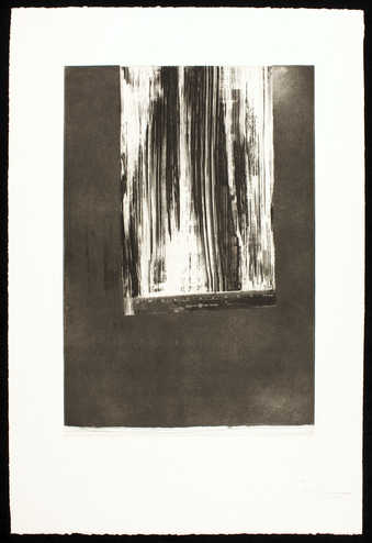 An image of a ruler that has been dragged across a dark field.  An intaglio from one copper plate
