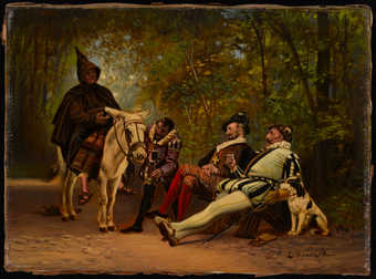 Four medieval men.  3 are dressed in noble attire and one is on a mule in a monk's robe.
