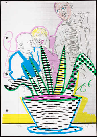 An image of a two people talking behind a table, while another plays the accordian and sings