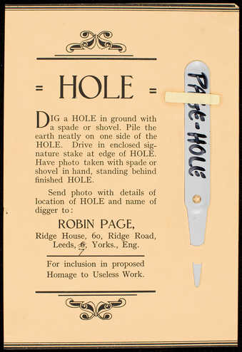 Tan paper with black print; Grey  tin stake with black ink handwriting. Invitation to perform a...