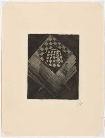 dark print in black and white with and image of a checker board