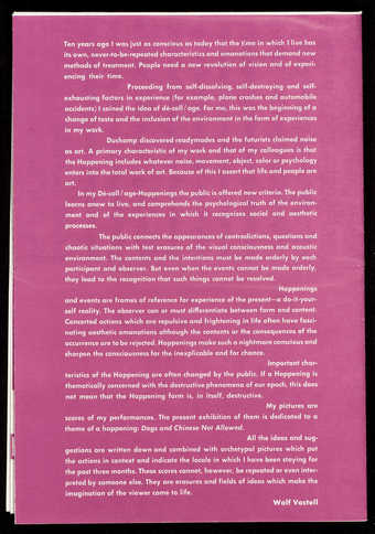 Purple print on white paper; printed both sides;  A gallery announcement for an exhibition at...