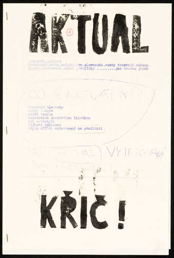 2 pages of mimeograph and black paint on paper, stapled; text is in Czech; the number 1 is...