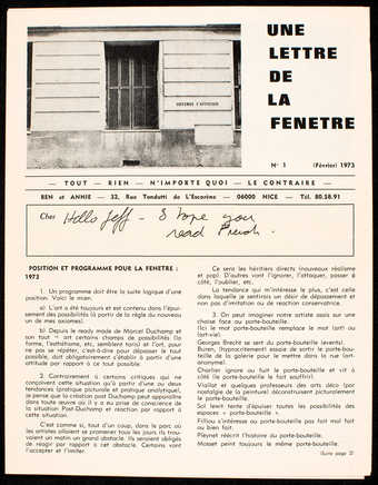 White glossy paper with black print.  The text is in French.  A handwritten message from Vautier ...