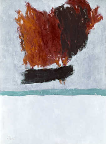 orange-red-black flame like form on grey modeled field top to middle of canvas. Blue line under...