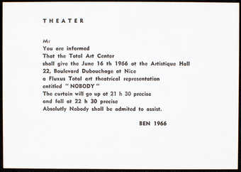 White linen paper with black print.  Text is in English.  An invitation to the performance of...