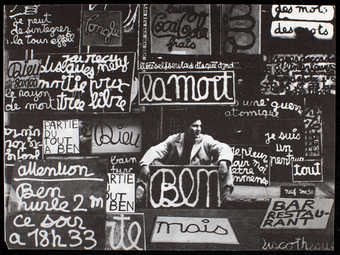 Black print on both sides on white paper. An image of Ben sitting in front of La Galerie Ben...