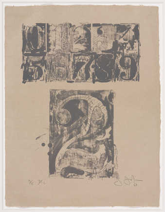 Each print has the numbers 0-9 printed, in two rows, across the top in black,   with one number...