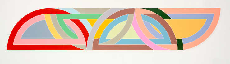 looks like four colorful protractors intertwined, 2 arc side up, 2 arc side down