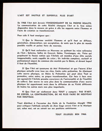 Black print on white card stock. The text is in French. Manifesto distributed at Fondation Maeght...
