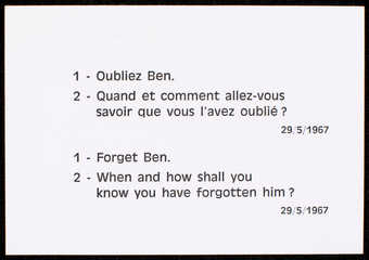 Black print on white card stock Text is in French and English. One of Vautier's 5 Ben Cards.