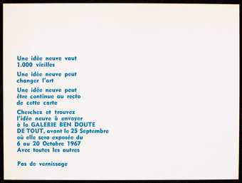 White card stock with blue print on one side.  Text is in French. Invitation to an event at...