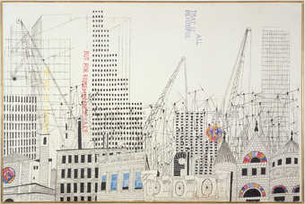 A black and white screenprinted city skyline with hand-colored additions.  Printed vertically in...